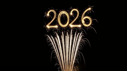A festive fireworks display lights up the night sky with the year 2026 in sparkling gold.