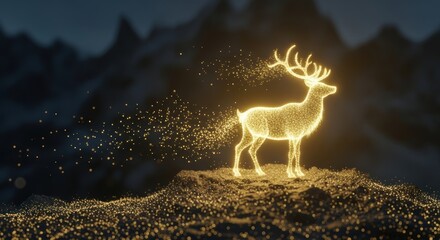 Glowing golden stag composed of particles on a dark mountain background