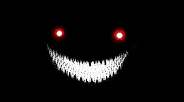 A sinister, shadowy face with glowing red eyes and a wide, sharp-toothed grin emerging from the darkness, evoking a sense of horror.