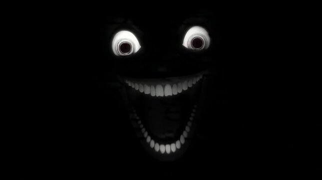 A terrifying, wide-eyed, grinning face with glowing white teeth emerging from absolute darkness.