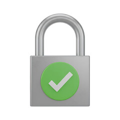 Metallic Padlock With Green Check Mark Symbol Safety And Security Concept Isolated On White Background Matte 3D Render