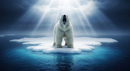 Polar bear roaring aggressively standing on an ice floe in the dark arctic ocean