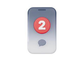 Mobile phone with notification badge displaying the number two on a dark gray background a minimalist 3D render of a communication app icon with a chat bubble symbol