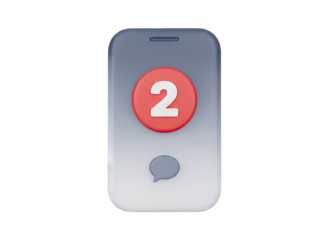 Mobile phone with notification badge displaying the number two on a dark gray background a minimalist 3D render of a communication app icon with a chat bubble symbol