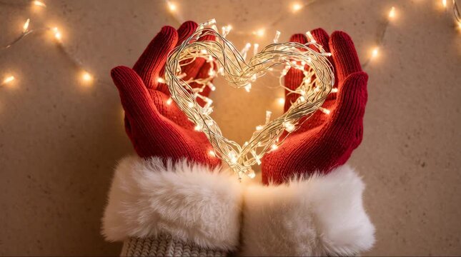 Hands in red Santa gloves holding a heart-shaped string of warm fairy lights against a festive background.