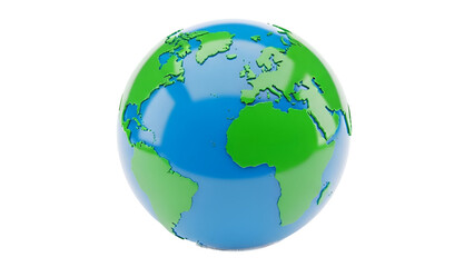 3D Earth Globe Icon with Green Continents and Blue Oceans, Isolated on Transparent Background