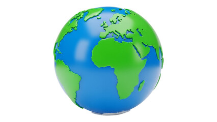 3D Stylized Earth Globe with Green Continents and Blue Oceans, Isolated on Transparent Background