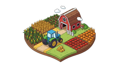 Isometric Cartoon Farm with Barn, Tractor, and Various Crops Isolated on Transparent Background