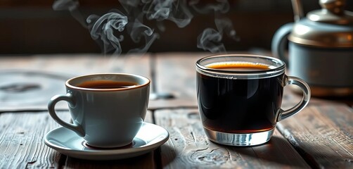 Steaming cup of dark coffee on rustic wooden table, rich, drink