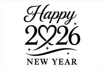 Elegant calligraphy displays happy new year 2026 with a heart design and sparkling accents for celebrations