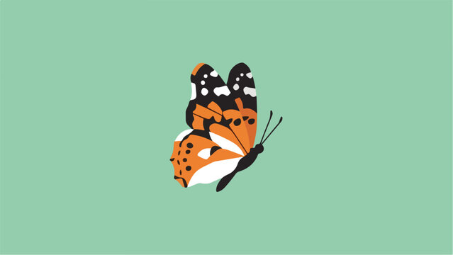 Beautiful orange butterfly with black and white markings on a solid green background.