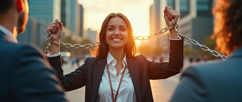 Confident businesswoman breaks free from chains in a vibrant urban setting, with camera slowly panning to reveal bustling street life, capturing a cinematic sense of liberation and empowerment.
