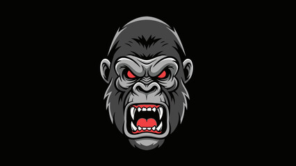 Fierce Gorilla Head Illustration, Aggressive Primate with Red Eyes, Symbolizing Strength and Wildness