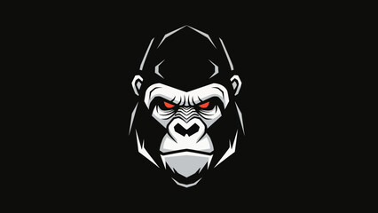 Powerful Gorilla Head Emblem with Intense Red Eyes on Black Background - Fierce Wildlife Art
