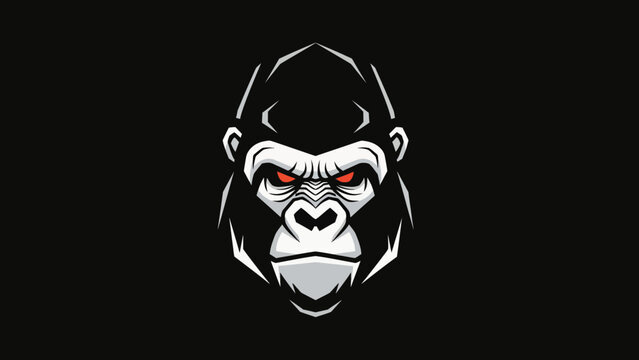 Powerful Gorilla Head Emblem with Intense Red Eyes on Black Background - Fierce Wildlife Art