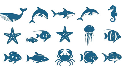 Collection of Marine Life Icons, Featuring a Whale, Dolphin, Shark, Seahorse, Starfish, Jellyfish, and Fish, Ideal for Aquatic and Wildlife Projects © Abhinaya Project