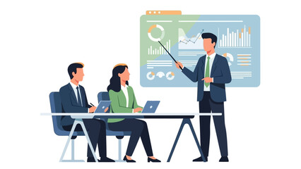 Business meeting with data analysis presentation on screen and participants listening