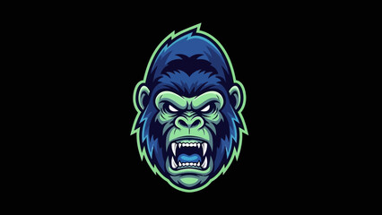 Fierce Green Eyed Gorilla Face Logo with Sharp Teeth and Menacing Grin
