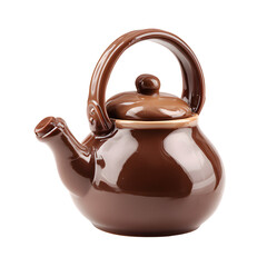Brown ceramic teapot with shiny glaze and handle isolated on a transparent background