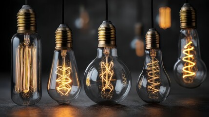 Close-up of decorative glowing electric light bulbs. Each bulb has a different internal filament design, set against a dark background