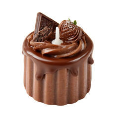 Delicious chocolate cake with strawberry and chocolate pieces on top isolated on a transparent background