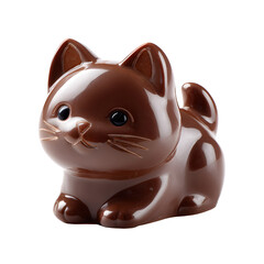 Chocolate cat figurine with shiny brown glaze isolated on a transparent background
