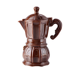 Elegant brown ceramic coffee pot with shiny finish isolated on a transparent background