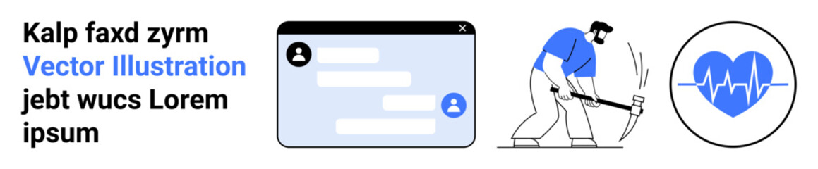 Obraz premium Digital communication, health monitoring, labor industry, medical technology, occupational health, and team collaboration. Chat interface, worker with tool and heart with EKG line. Digital