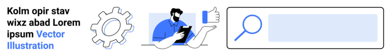 Business workflow, digital tools, online approval system, search functionality, productivity, teamwork. A gear, thumbs up tablet user and a search bar. Business workflow and digital tools concepts