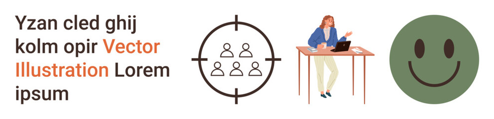 Fototapeta premium Marketing, business strategies, online learning, communication, audience targeting, emotional connection. Businesswoman using a laptop, target audience symbol happy face. Marketing and business