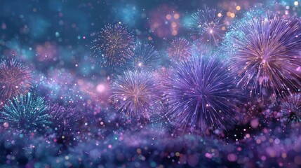 Festive celebration with colorful fireworks, confetti, glowing blue and purple lights, luxurious modern dynamic atmosphere with soft reflections, depth, and wide space for text in premium style.