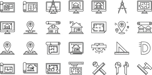Vector line icons set of architecture blueprints, house plans, construction tools, location markers, engineering design, and real estate project planning items.