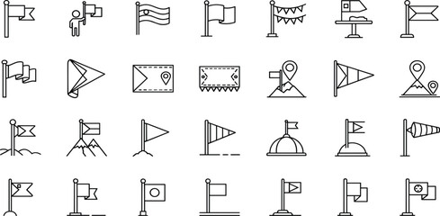 Vector line icons set of flags, banners, pennants, location markers, mountains, windsocks, finish lines, event celebration symbols, navigation, and victory.