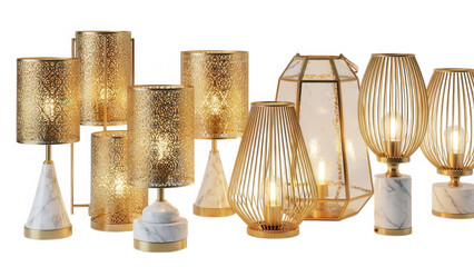Luxury decorative gold lamps with marble bases isolated on transparent background