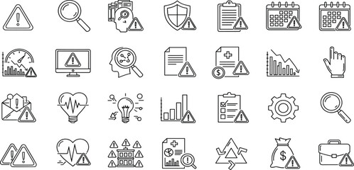 Collection of linear icons for risk management, safety warning, health hazard, financial alert, speed performance decline, and important audit document line art.