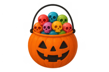 Halloween pumpkin trick or treat bucket full of colorful skulls and candy isolated on transparent background