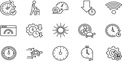 Collection of linear icons representing time management, speed, performance measurement, quick and slow motion, elderly walking, and technical delay concepts in line art. © Zakia