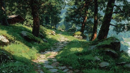 Obraz premium Sunlit path through the forest: tall trees filter sunlight, lush greenery covers the ground leading to an open horizon, evoking tranquility, peace, and nature-human harmony for travel, meditation