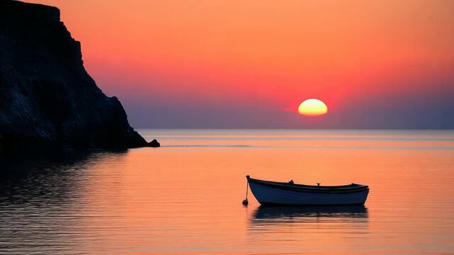 A serene coastal scene depicting a small boat, cliffs, and a fiery sunset over tranquil water