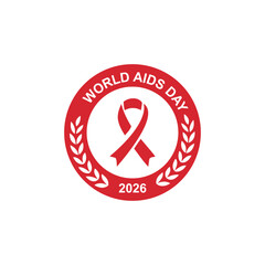 World AIDS Day badge logo vector. Red awareness ribbon icon with laurel wreath in a circle