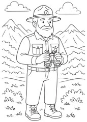 coloring book Forest Ranger Dad watching mountains using binoculars on rocky trail