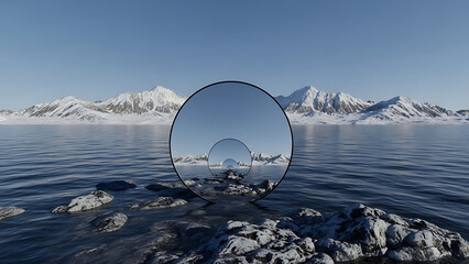 Snowy mountain landscape with icy lake and reflective lenses