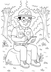 coloring book Forest Ranger Dad sitting on rock writing notes in notebook inside forest