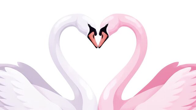 Elegant flat animated swans forming heart shape with pastel pinks and soft whites in 2D vector style