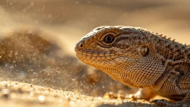Close up of desert lizard head with sand blowing in wind