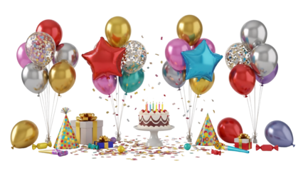 Birthday celebration with colorful balloons and cake.