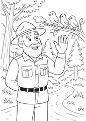 coloring book Forest Ranger Dad greeting and waving at birds perched on branch during forest patrol