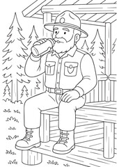 coloring book Forest Ranger Dad drinking water while resting on wooden hut bench in woods