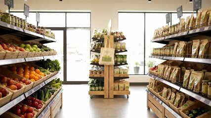 A bright, modern interior shot captures the symmetrical aisles of a contemporary grocery store, showcasing fresh organic produce and packaged goods neatly displayed, conveying a clean, natural mood.