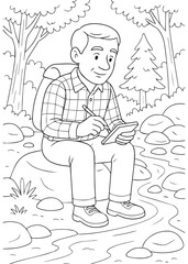 coloring book Forest Ranger Dad sitting near river stream writing notes during field observation